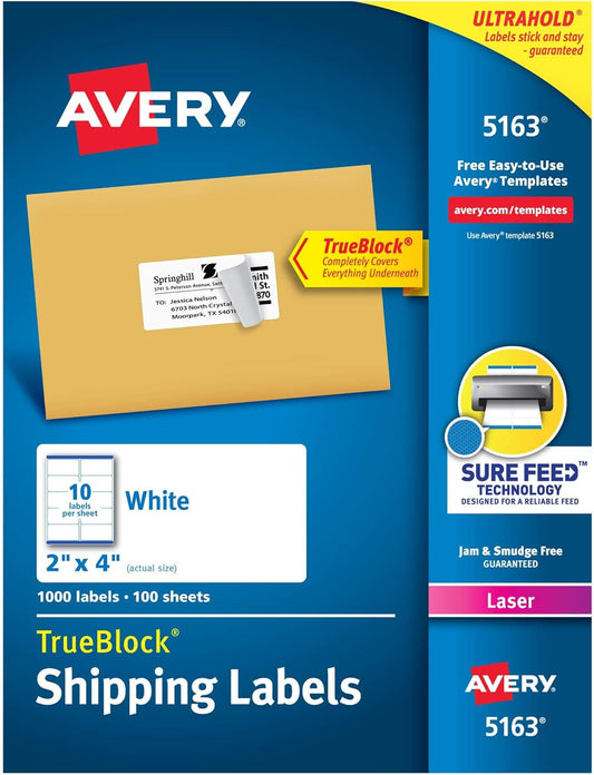 Avery 2x4 White Shipping Labels 1,000 Ct: Sure Feed for Smooth Printing
