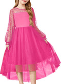 Arshiner Girls Contrast Mesh Long Sleeve Twirly High Low Dress