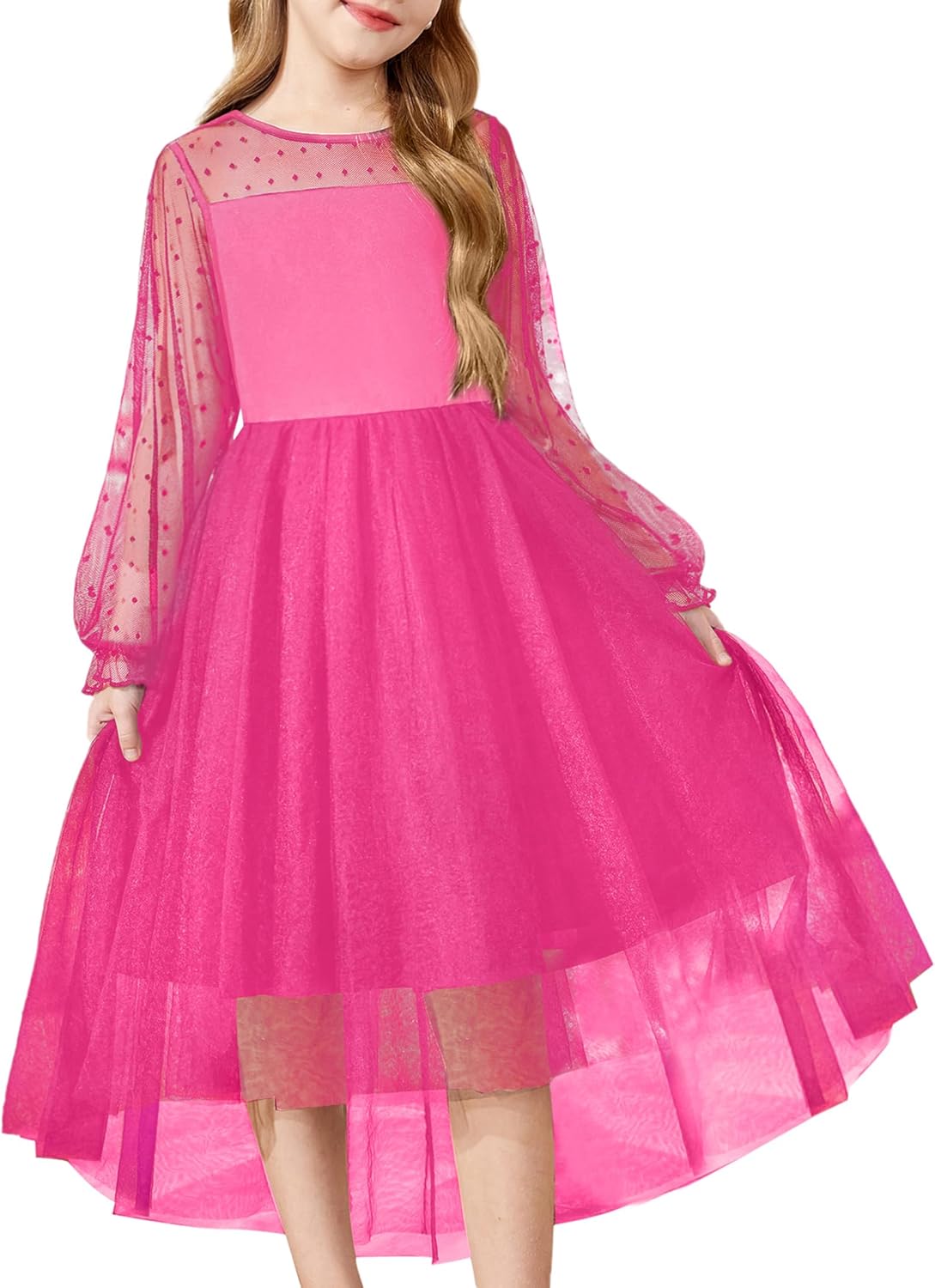 Arshiner Girls Dresses Contrast Mesh Long Sleeve Twirly Dress