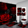 4 Pcs Rose Shower Curtain Set - Romantic Red Black Bathroom Decor