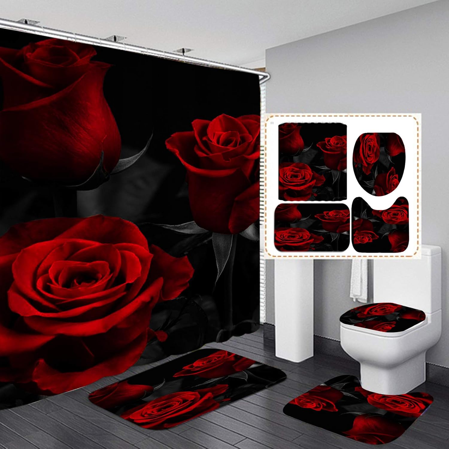 Romantic Rose Shower Set with Non-Slip Rug - Waterproof & Stylish 72x72