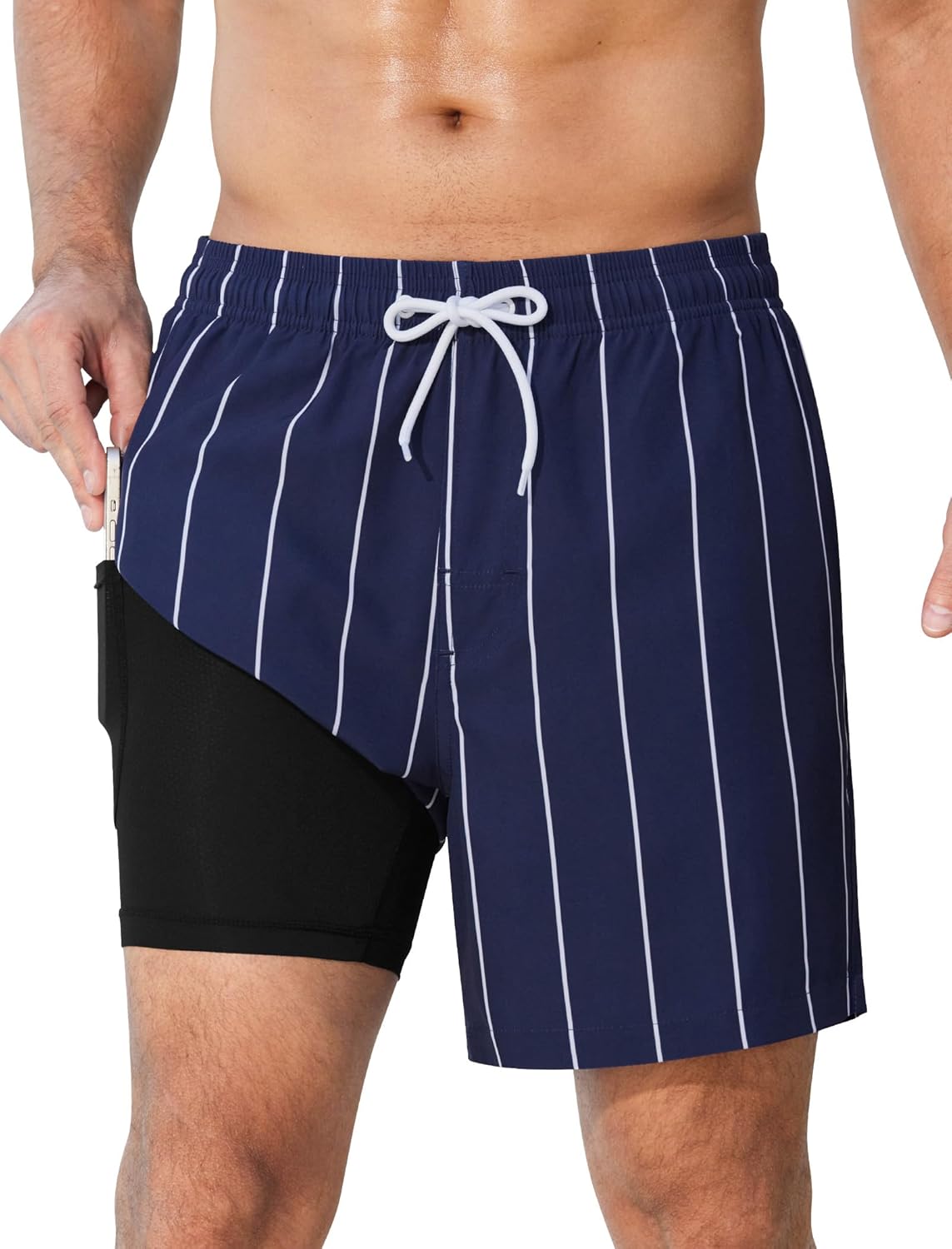 SILKWORLD Mens Swim Trunks with Compression Liner for Comfort