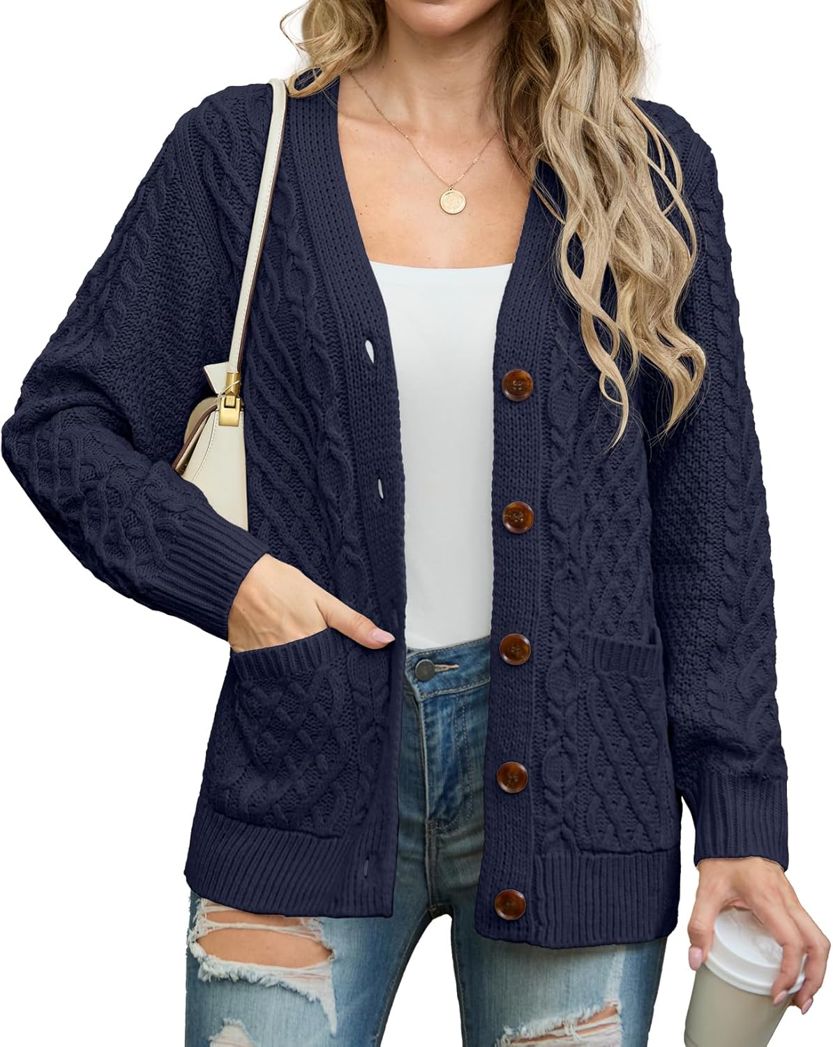 GRECERELLE Women Long Sleeve Cable Knit Sweater Cardigan Coat