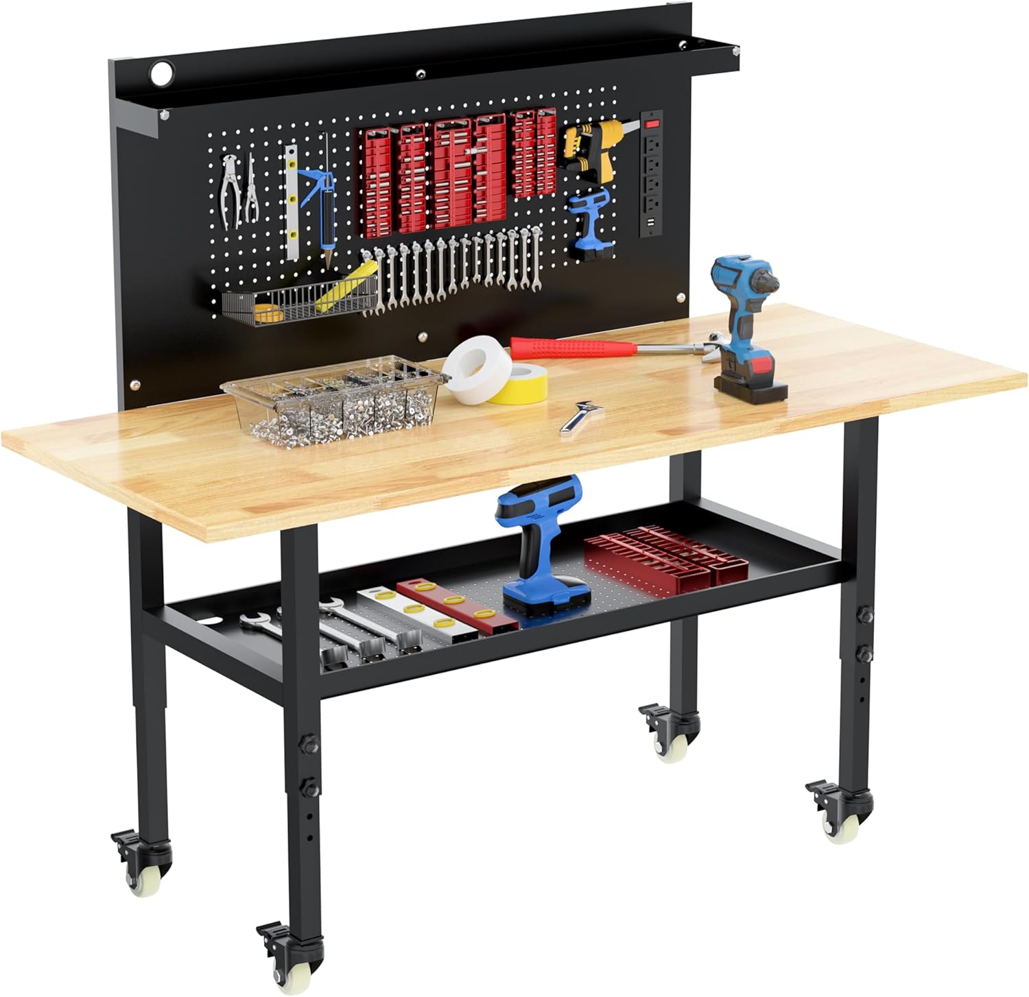 60in Heavy Duty Adjustable Workbench with Pegboard & Power Outlets