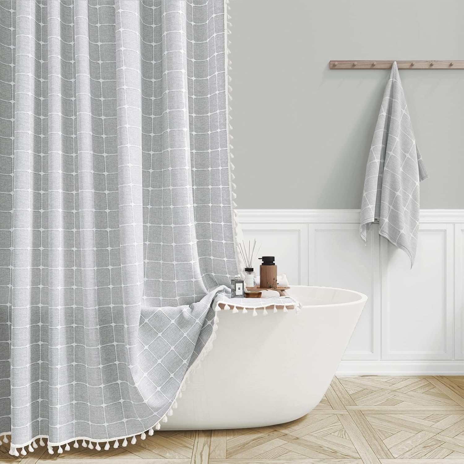 Boho Farmhouse Linen Shower Curtain Set for Luxurious Bathrooms