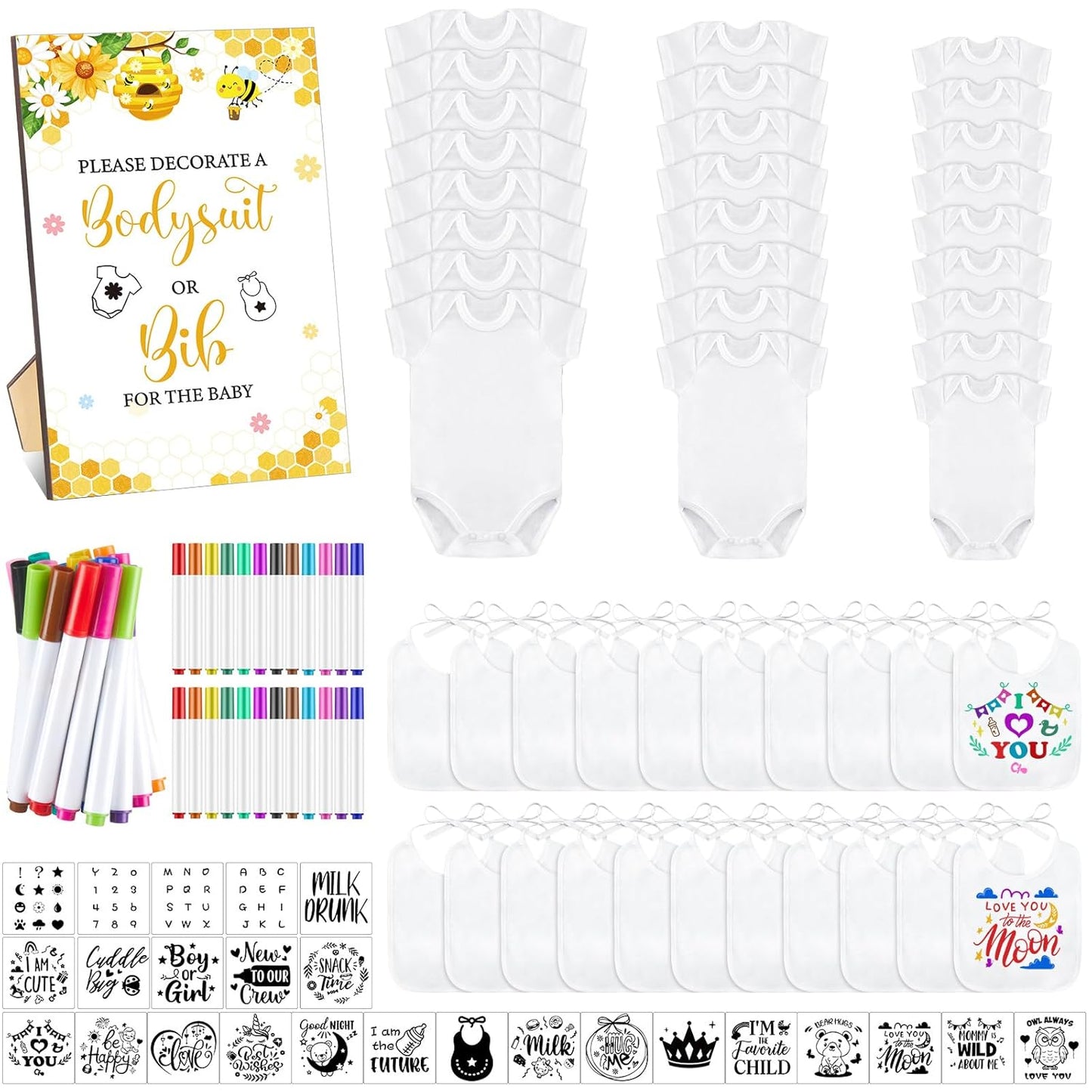 Panitay 100 Pcs Blank Bib Bodysuit Baby Shower Set for Fun