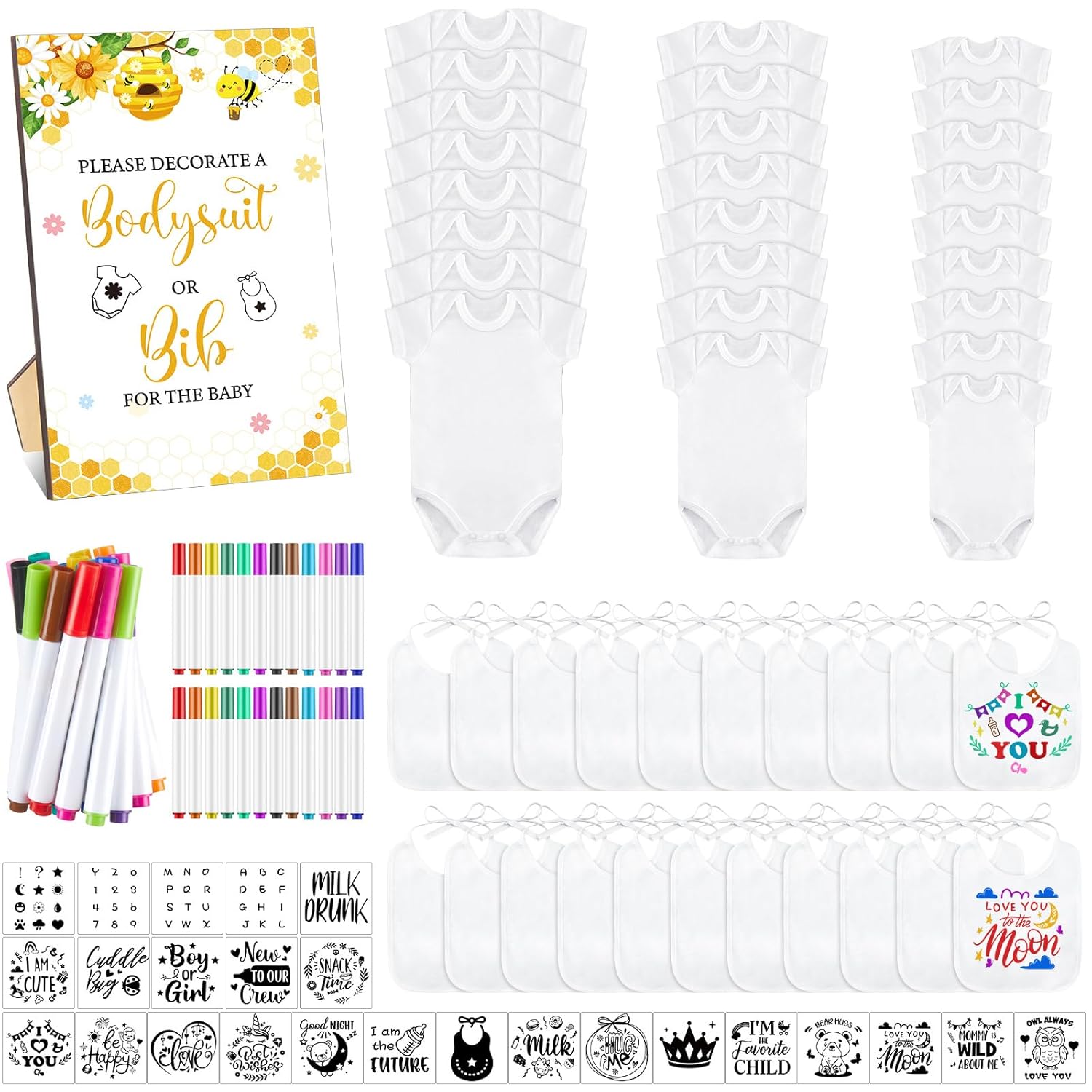 Panitay 100 Pcs Blank Bib Bodysuit Baby Shower Set for Fun