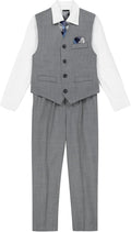 Boys Formal Suit Set with Gray Vest and Plaid Tie - 4-Piece