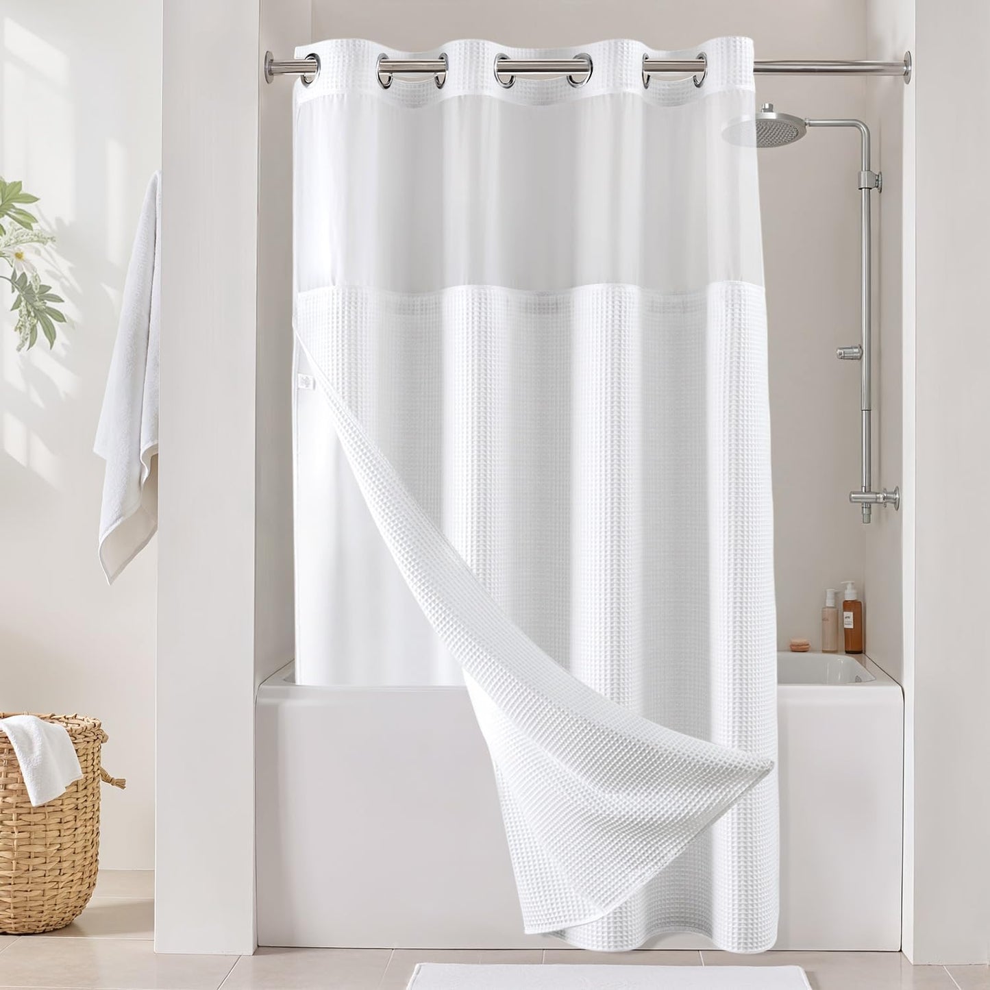 River Dream White Fabric Shower Curtain Set with Snap Liner