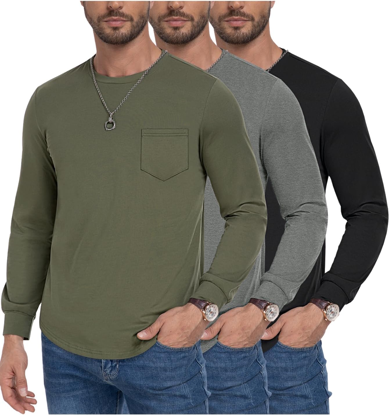 Men's Long Sleeve Pure Cotton T-Shirt 3 Pack for Casual Wear