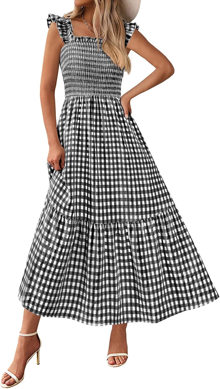 PRETTYGARDEN Womens Summer Dress Casual Square Neck Ruffle Strap