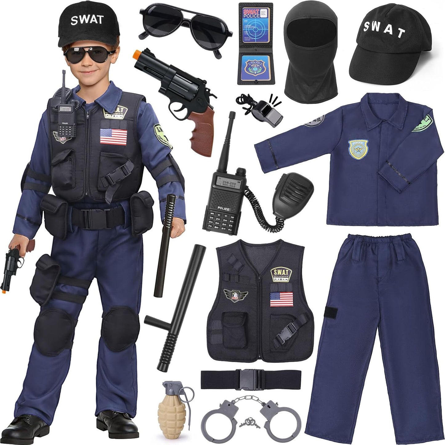 Latocos 15 PCS SWAT Police Officer Costume for Kids Role Play