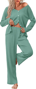 Waffle Knit Pajama Set for Women - Soft Button-Down Two-Piece