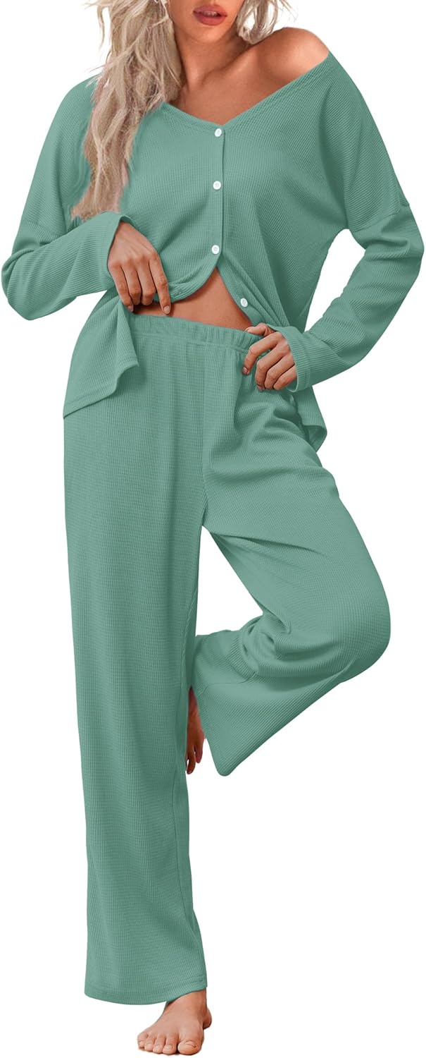 Ekouaer Womens Waffle Knit Pajamas Loungewear Set for Comfort