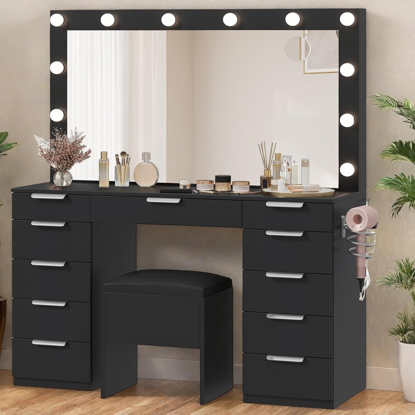 DWVO Vanity Desk Set with Large Mirror & 3-Color Light Bulbs