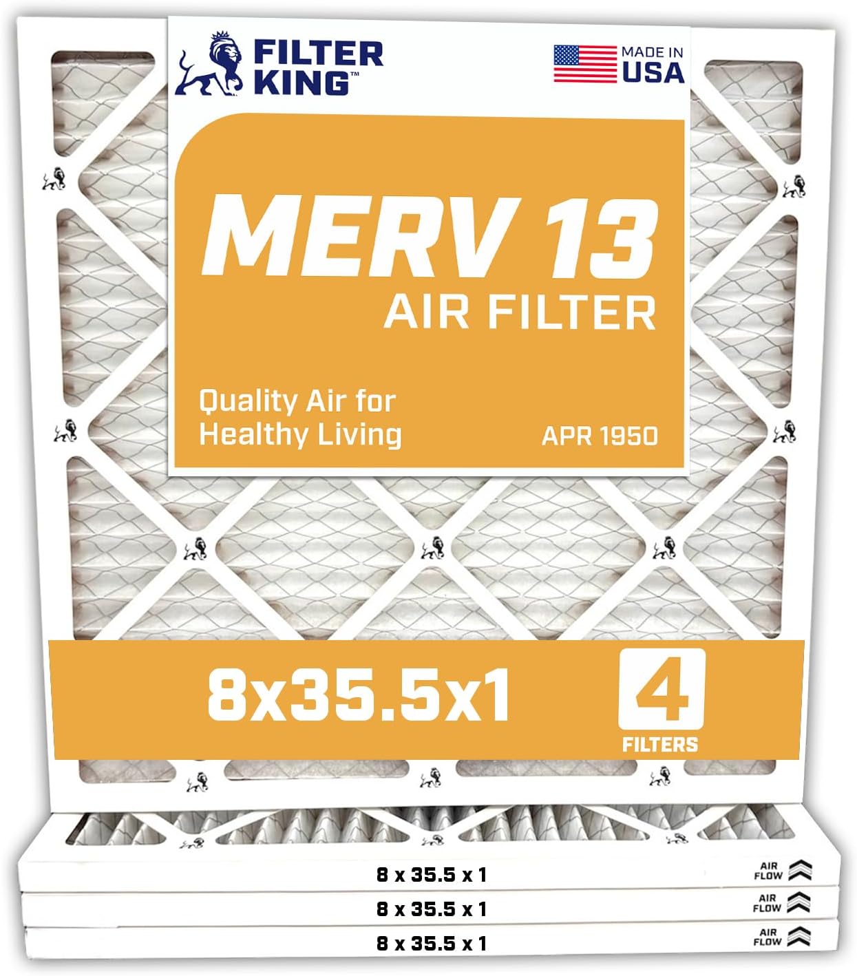 MERV 13 Air Filters 8x35.5x1 - 4-Pack for Home HVAC Systems