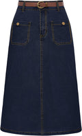 Belle Poque Denim Skirt for Women - Below Knee High Waisted with Belt