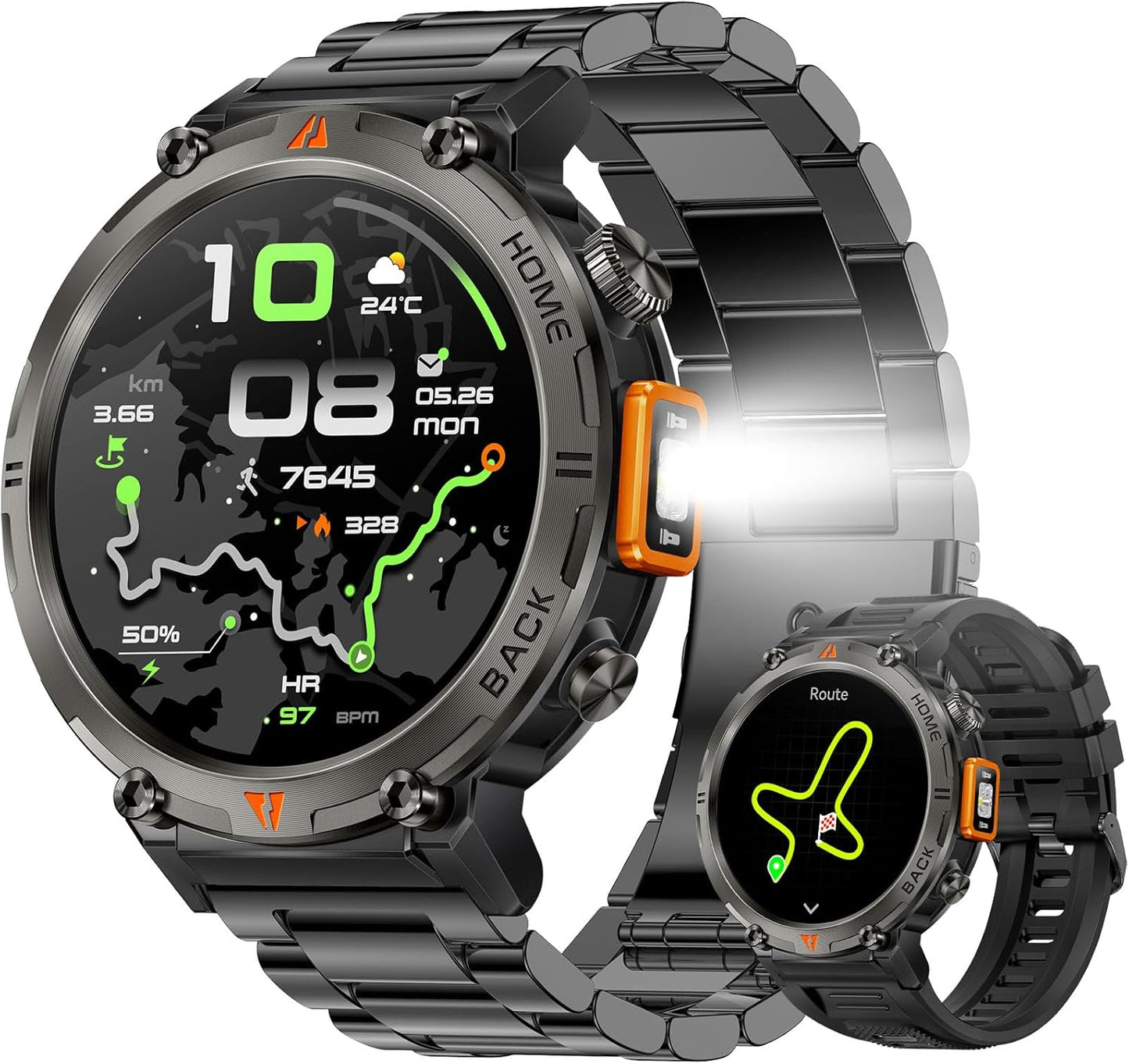 Rugged Military Smart Watch with GPS, Flashlight, and Health Monitor
