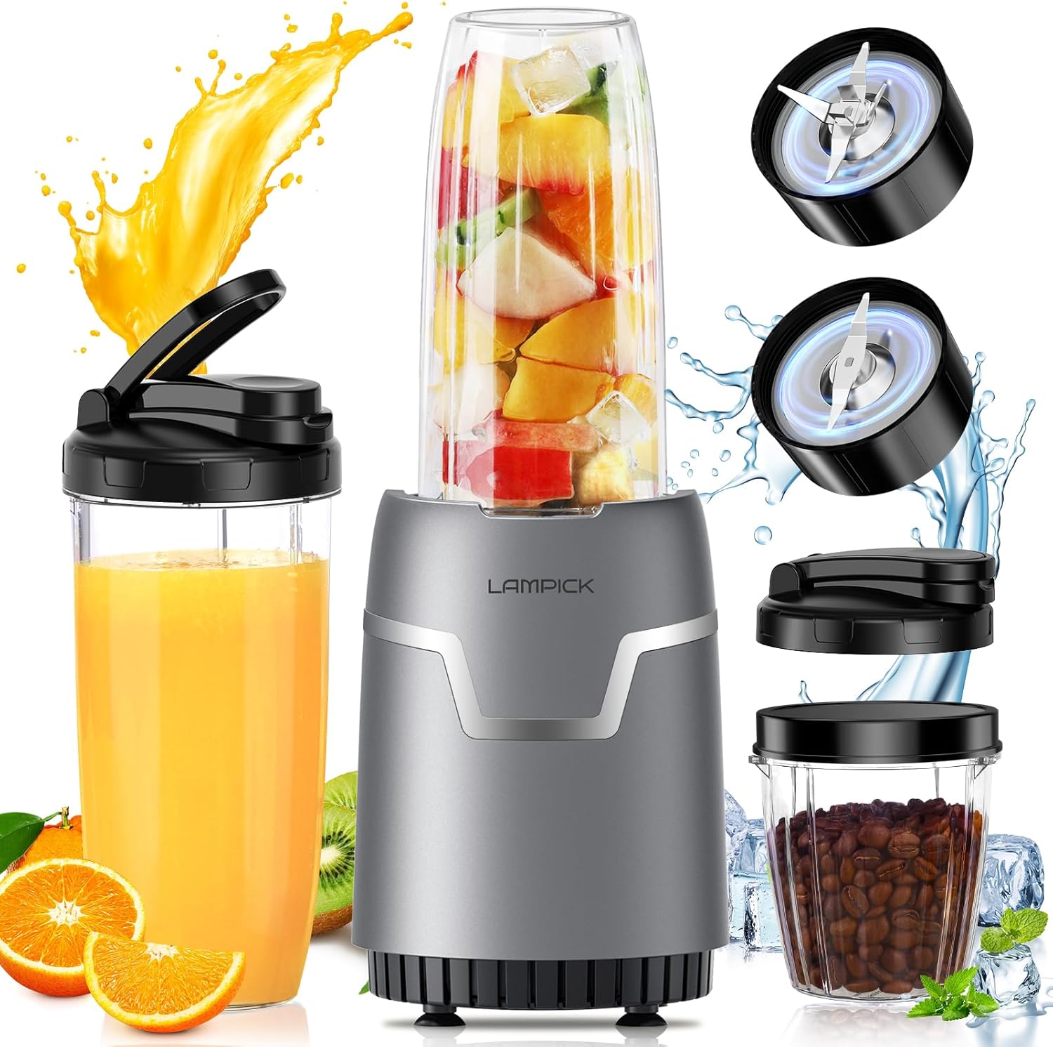 Powerful Smoothie Blender, 1100W, To-Go Cups, Grind & Blend, LAMPICK