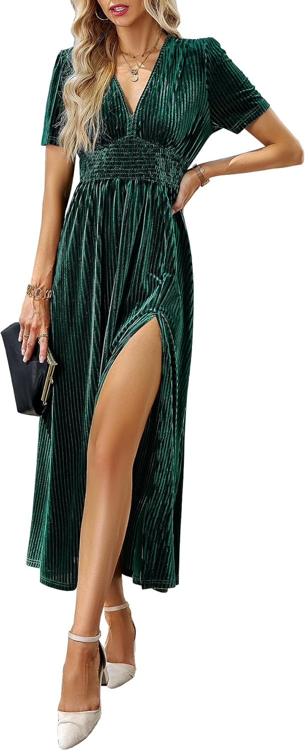 Sissyaki Women's Retro V-Neck Velvet Maxi Dress for Events