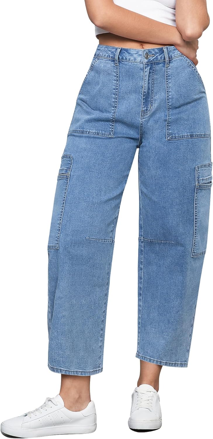 Trendy High Waisted Cropped Cargo Pocket Baggy Jeans for Women