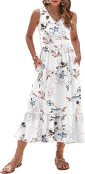 Womens Maxi Dress 2025 V Neck Tiered Sundress - With Pockets