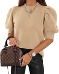 Women's Puff Short Sleeve Sweater Tops - Trendy Knit Crew Neck Shoes