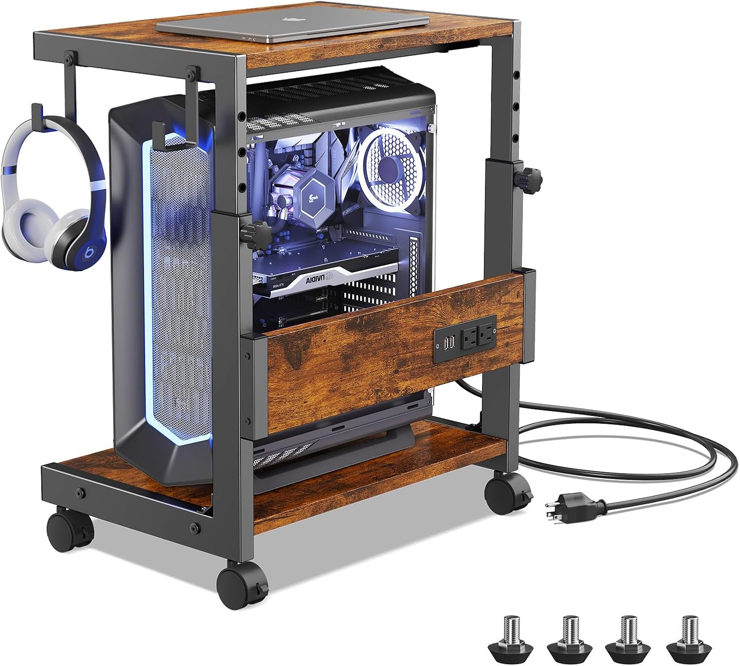 Height Adjustable Computer Tower Stand with Charge Station
