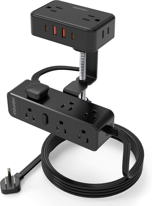 HOPOW Dual Layer Desk Clamp Power Strip: 13 Outlets, 4 USB, Surge Protection