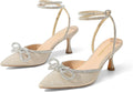 Kitten Heels Rhinestone Bow Ankle Strap Stiletto Pumps - Dressy Shine