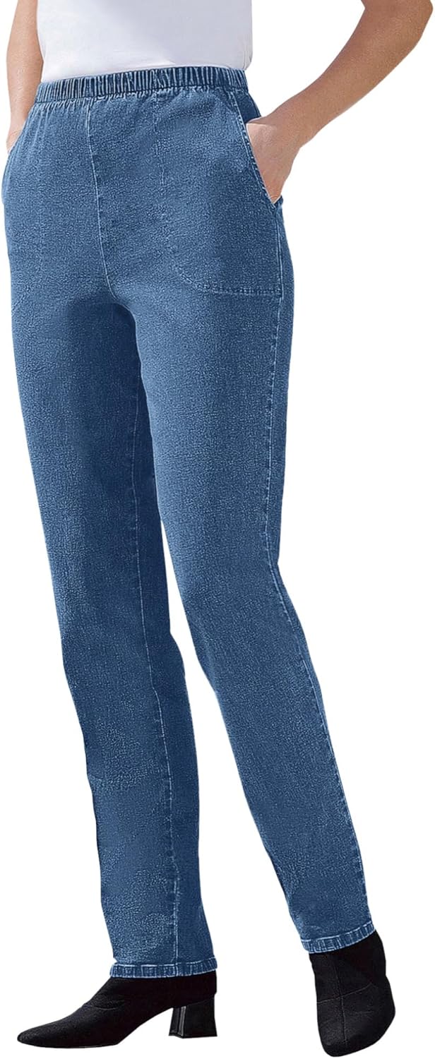 Woman Within Plus Size Straight Leg Elastic Waist Stretch Jeans