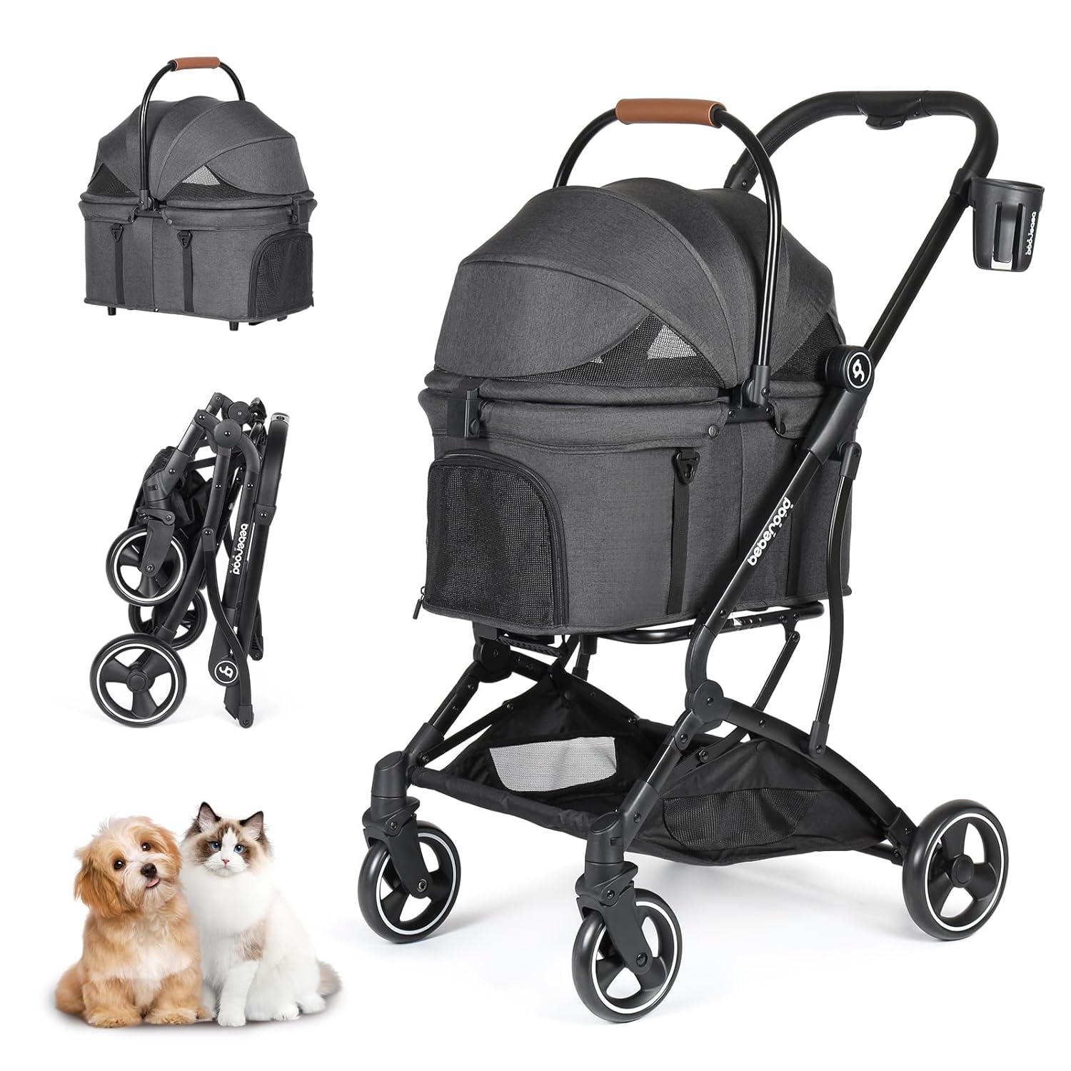 T3 Foldable Pet Stroller for Small Dogs & Cats - 3-in-1 Design