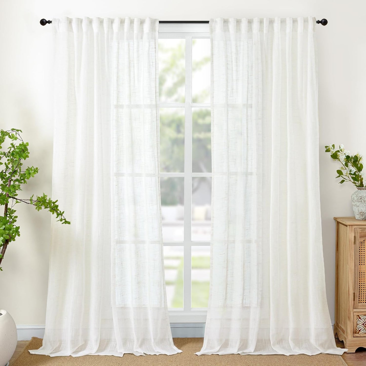 YoungsTex White Linen Semi Sheer Curtains for Elegant Decor