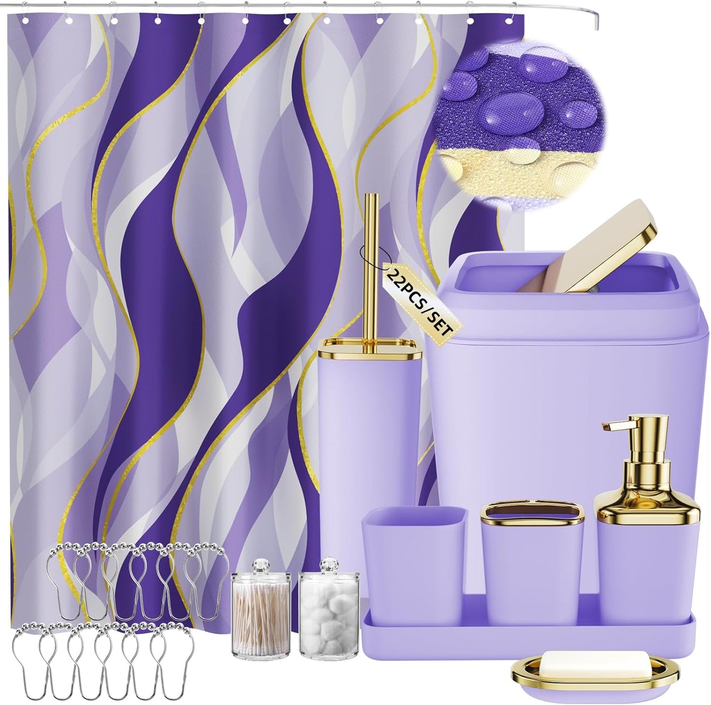 Purple Bathroom Accessories Set with Stripe Shower Curtain