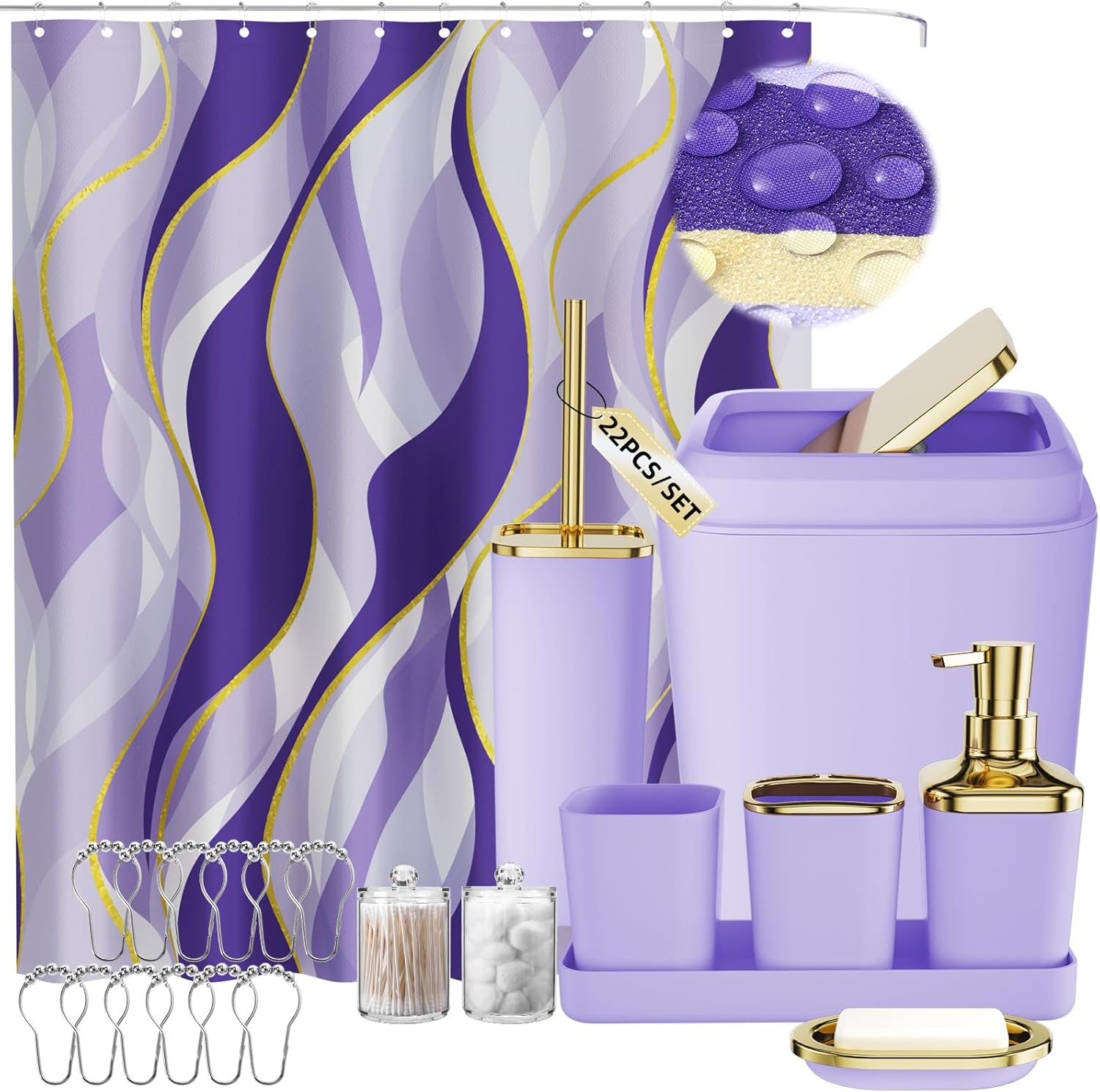 Purple Bathroom Accessories Set with Stripe Shower Curtain