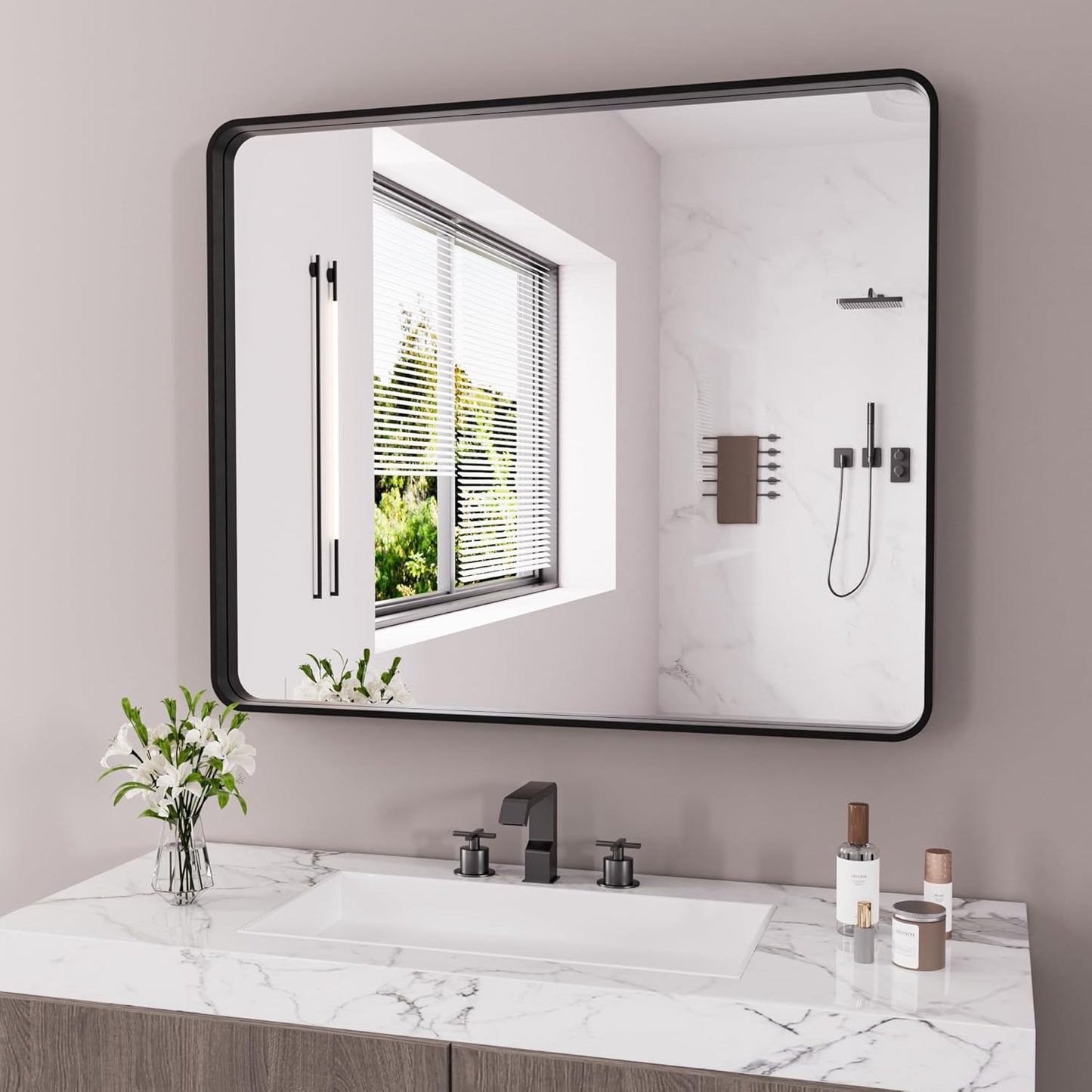 Black Bathroom Mirror 48X40 Inch with Rounded Rectangle Design