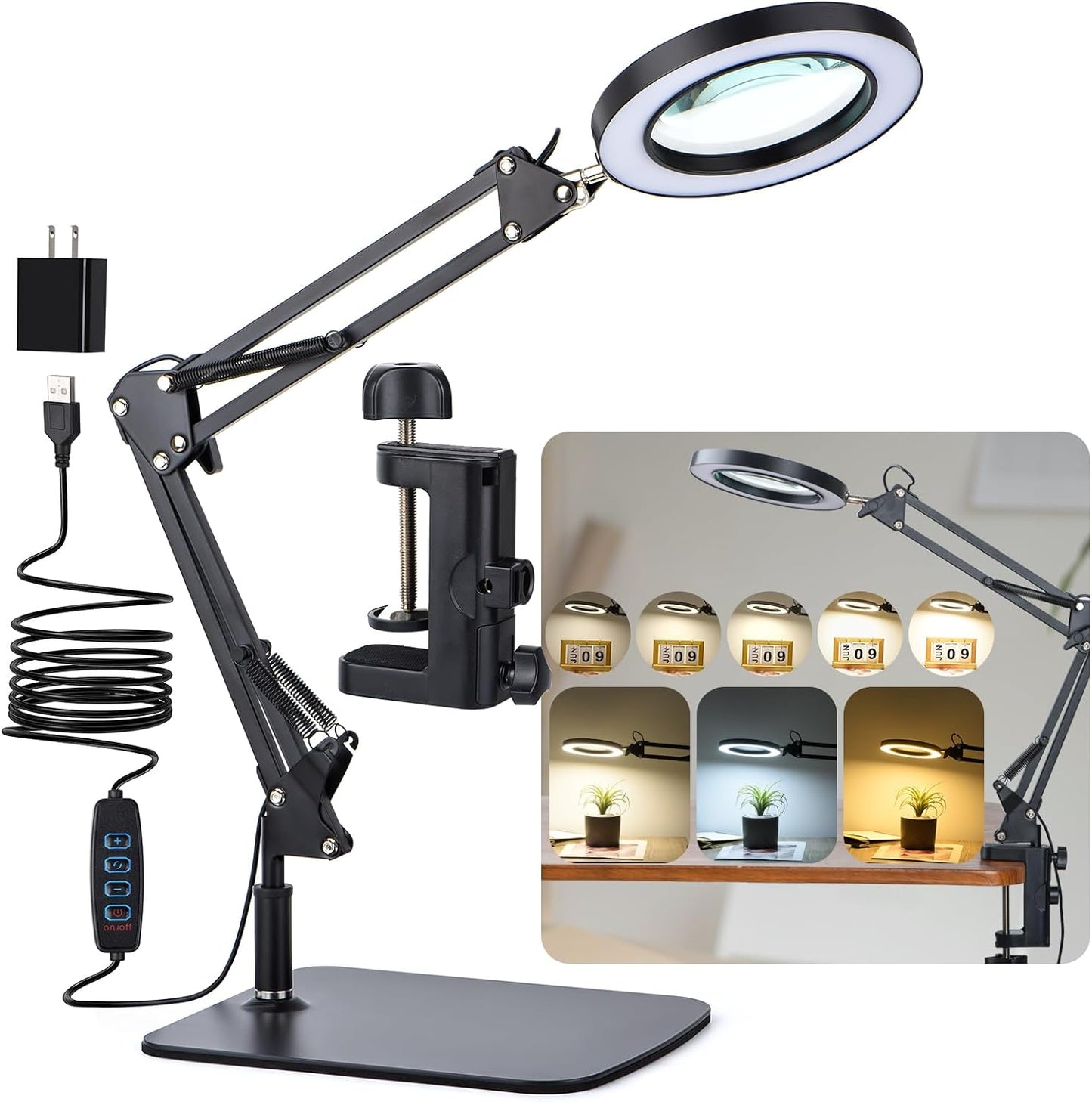 LED Magnifier Desk Lamp with 3 Color Modes for Close Work