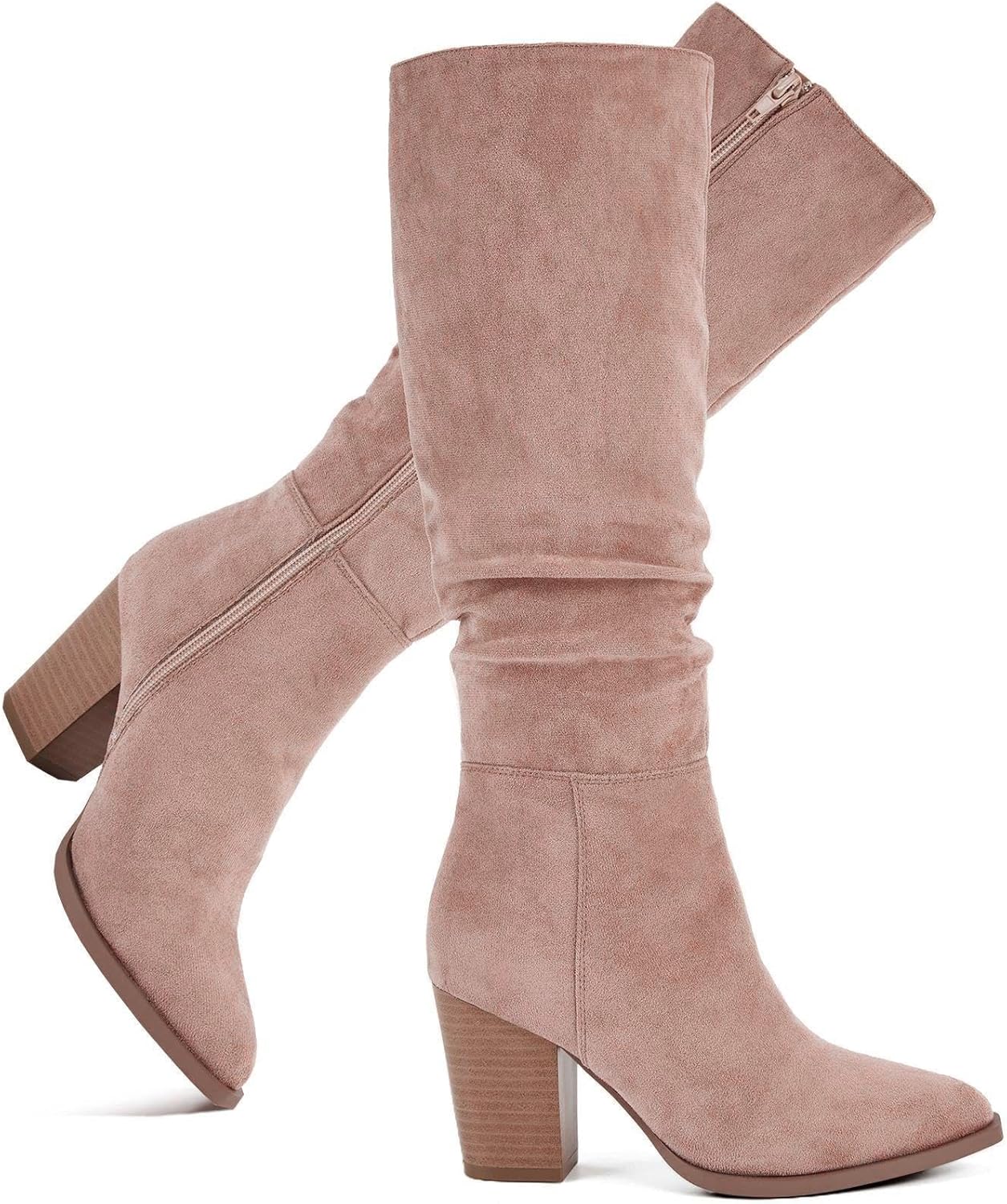 Putu Women's Pointed Toe Knee High Boots with Chunky Heel
