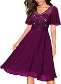 Miusol Sequin Lace V Neck Ruffle Cocktail Dress - Elegant Fit