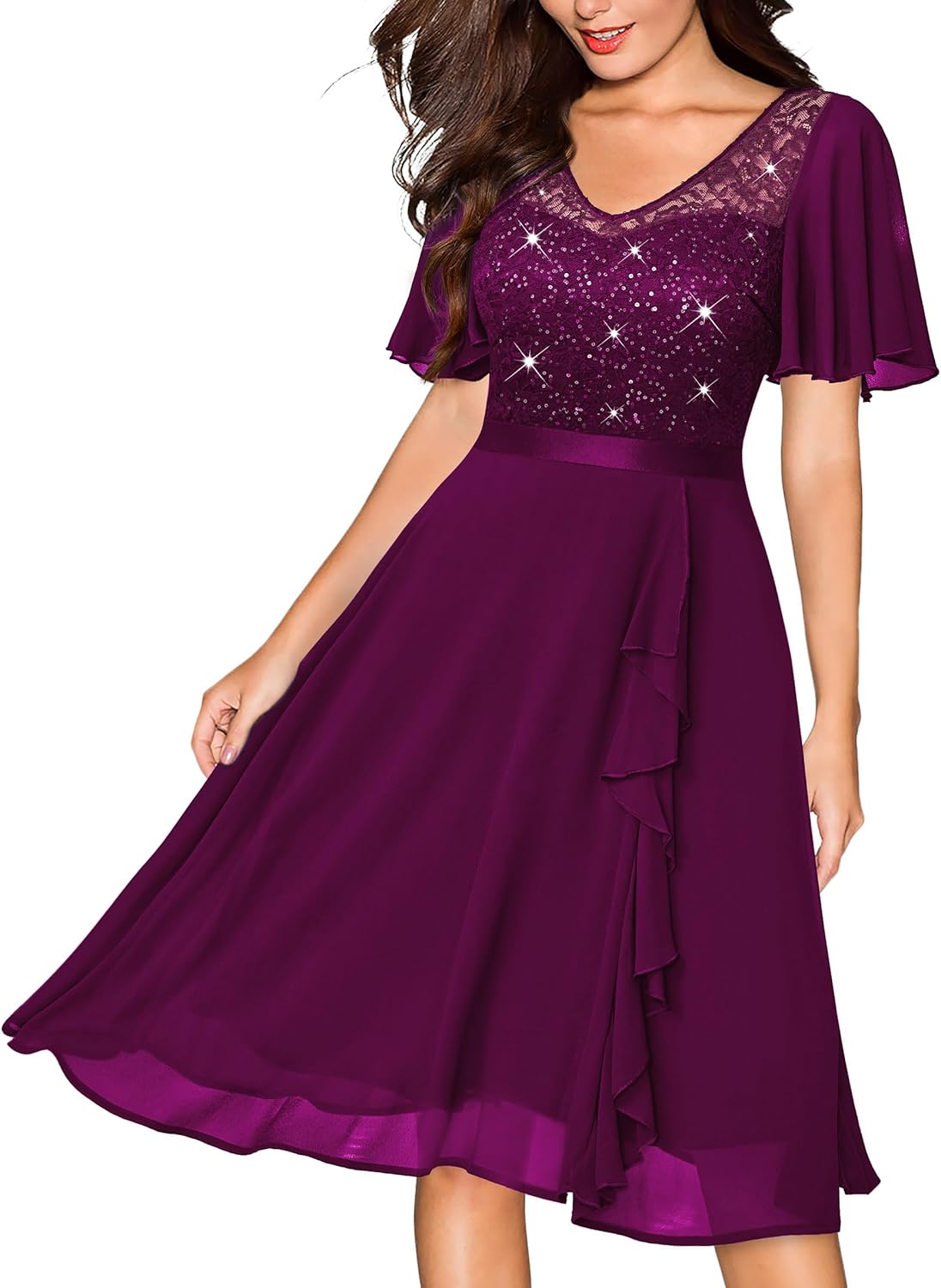 Miusol Women's Sequin Lace V Neck Ruffle Cocktail Dress