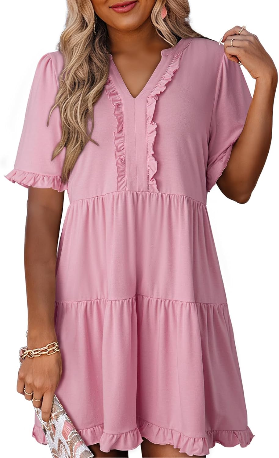 Dokotoo Womens Dresses V Neck Short Sleeve Casual A Line Dress