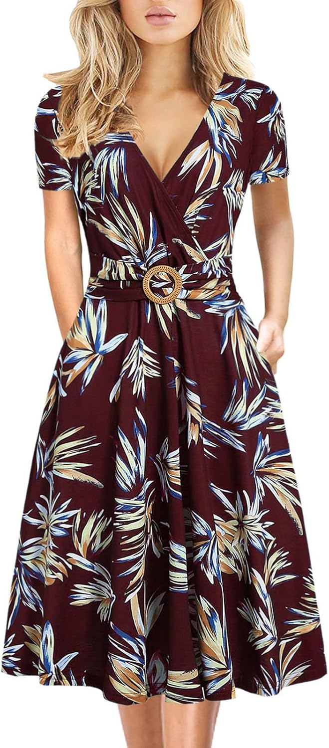 Elegant Criss-Cross V Neck Vintage Short Sleeve Dress with Pockets