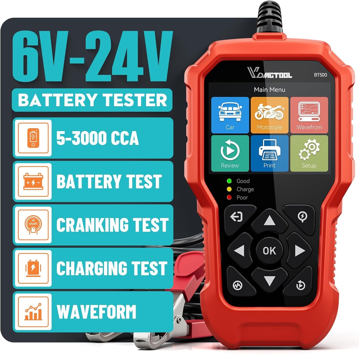 VDIAGTOOL BT500 Car Battery Tester for 6V 12V 24V Systems