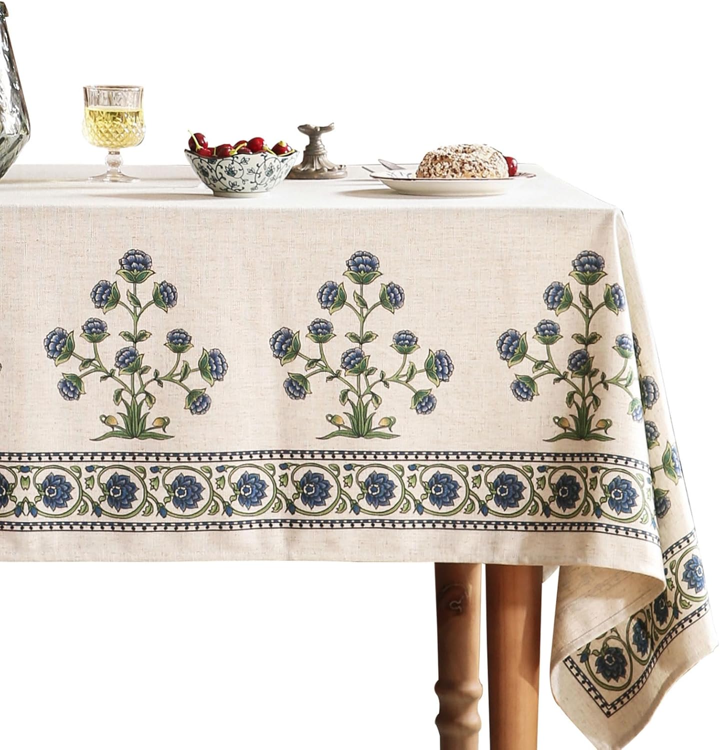 Designer Linen Vintage Long Blue Rectangle Tablecloth for Dining