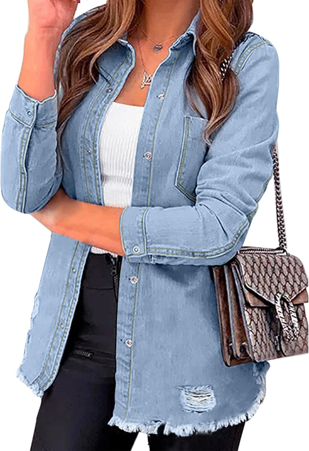 Luvamia Womens Denim Jacket Distressed Button Down Jean Shirt