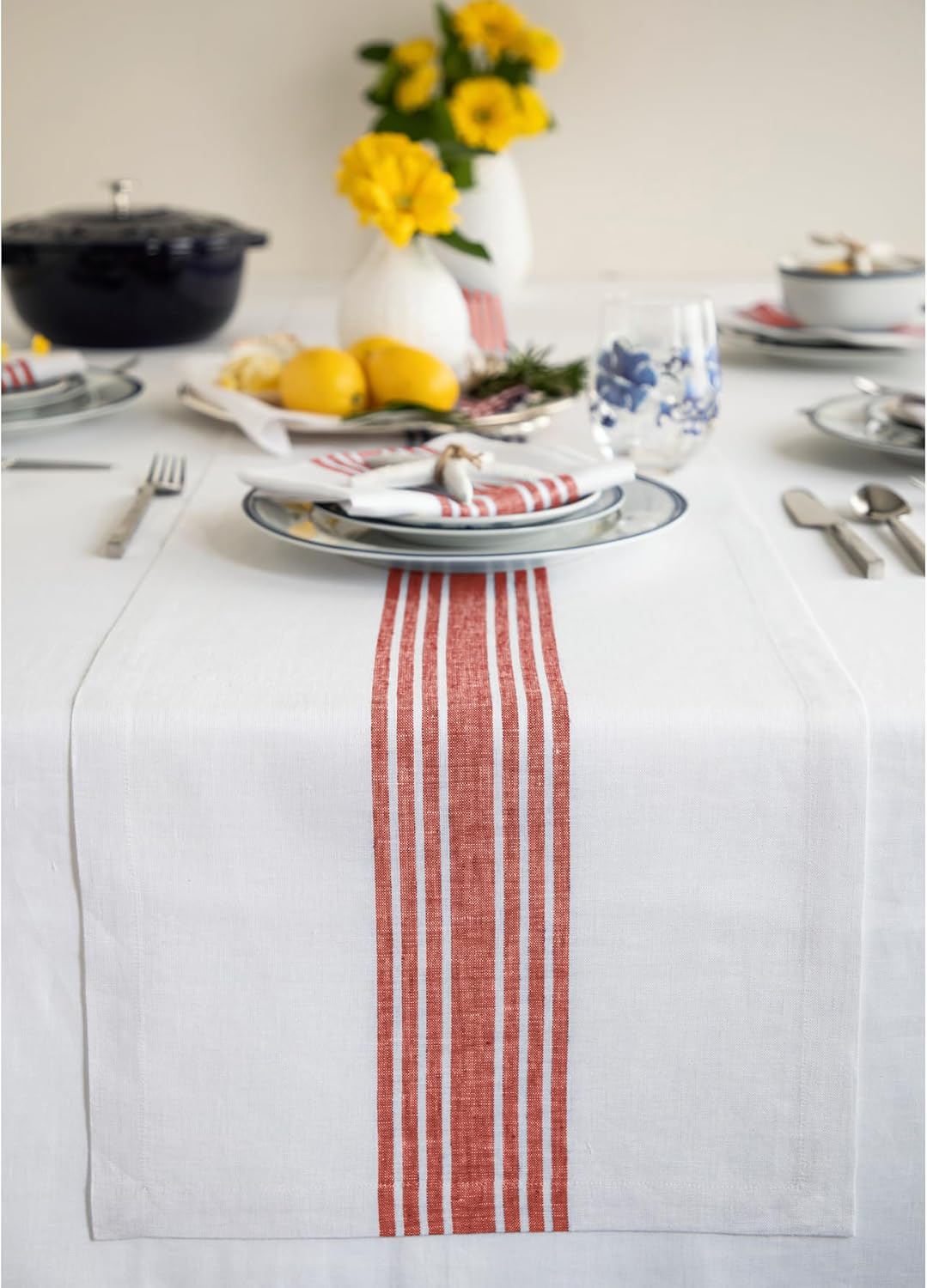 Pure Linen Red and White Table Runner for Stylish Dining Decor