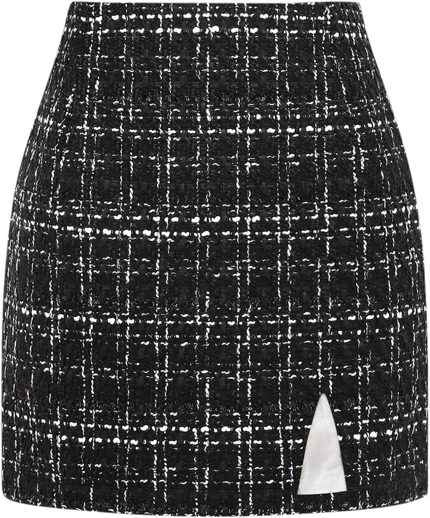 Plaid Mini Skirts for Womens High Waisted Wool Bodycon Style