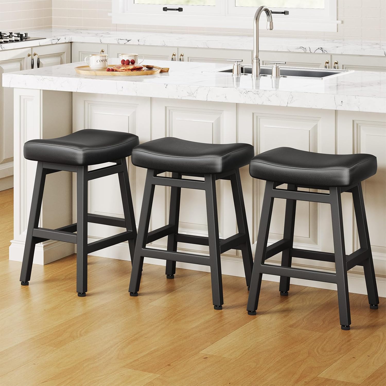 Counter Height Bar Stools Set of 3 with Saddle Seats and Metal Legs