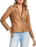 Womens Faux Leather Motorcycle Jacket - Classic Brown Biker Coat