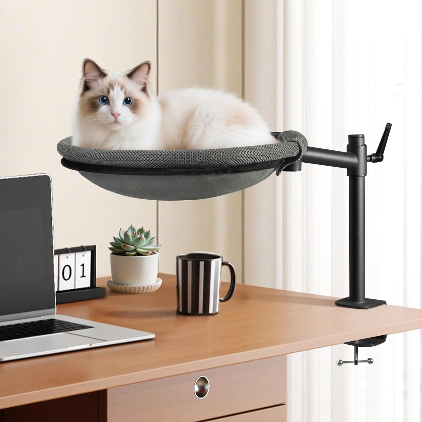 Elevated Cat Desk Bed with 360 Rotation & Adjustable Height